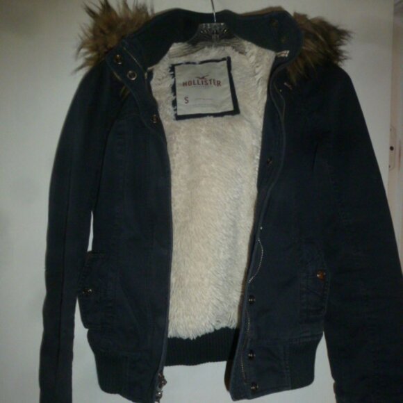 Hollister Coat Faux Fur Hooded Utility Outerwear Navy Blue SzS - Picture 14 of 15